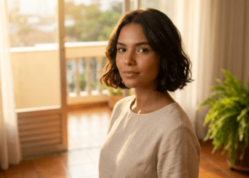 Mulher elegante exibindo um corte bob francês iluminado