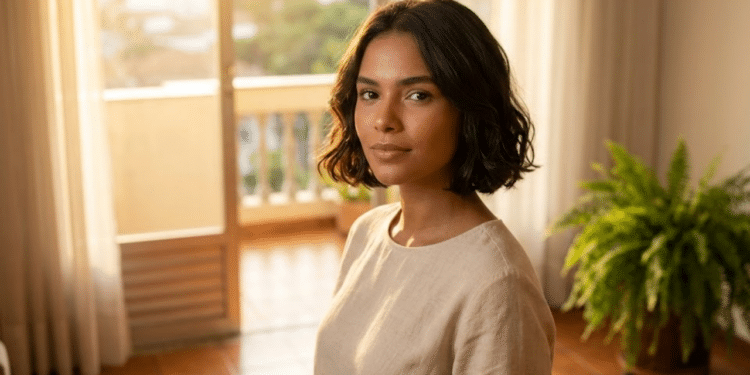 Mulher elegante exibindo um corte bob francês iluminado