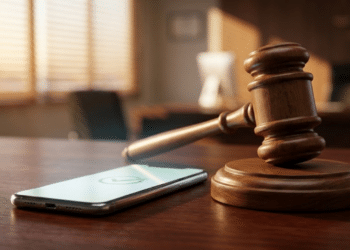 Martelo da Justiça em cima da mesa com um smartphone