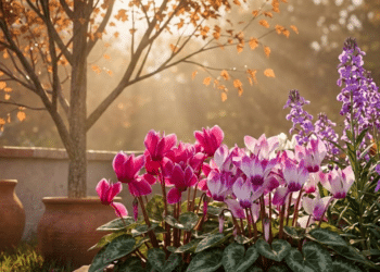 Jardim de outono vibrante com flores Cyclamen e Alhelí sob a luz dourada