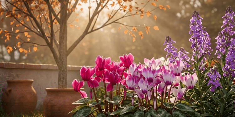Jardim de outono vibrante com flores Cyclamen e Alhelí sob a luz dourada