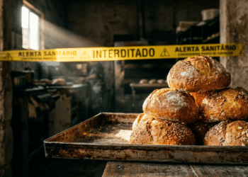 Pães artesanais em bandeja de metal sob luz dramática de alerta