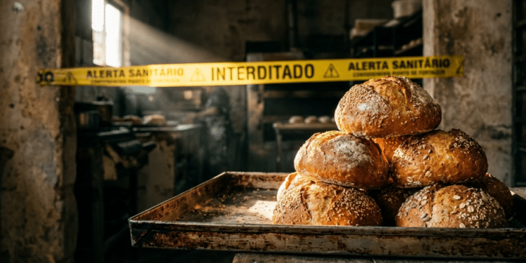 Pães artesanais em bandeja de metal sob luz dramática de alerta
