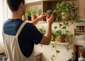Pessoa cuidando de plantas em prateleira alta