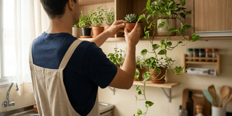 Pessoa cuidando de plantas em prateleira alta