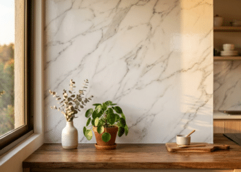 Parede de cozinha com revestimento adesivo marmorizado sob luz natural