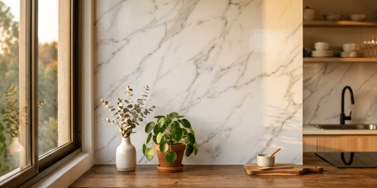 Parede de cozinha com revestimento adesivo marmorizado sob luz natural