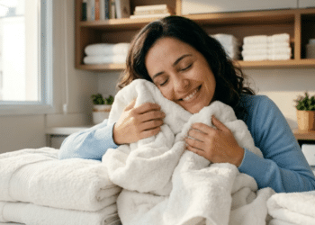 Sentindo o aroma de toalhas brancas limpas e macias