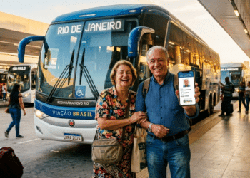 Casal de idosos sorridente em rodoviária moderna com celular na mão