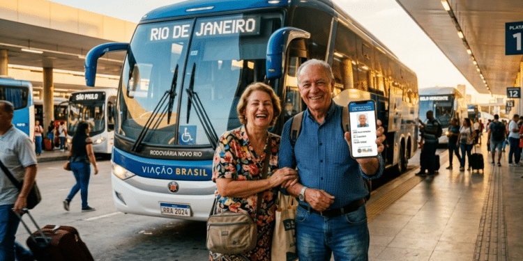Casal de idosos sorridente em rodoviária moderna com celular na mão