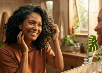 Mulher sorridente admirando o cabelo sob luz natural quente