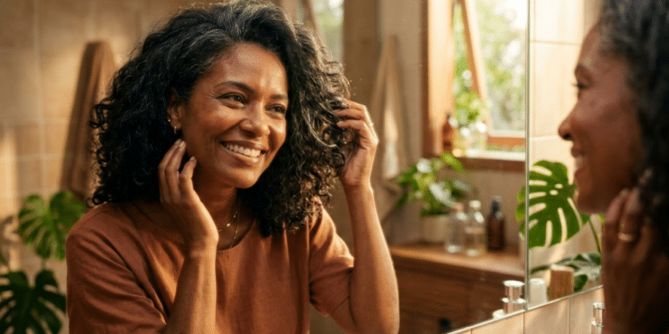 Mulher sorridente admirando o cabelo sob luz natural quente