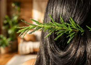 Ramo de alecrim fresco com gotas d'água sobre cabelos saudáveis e brilhantes