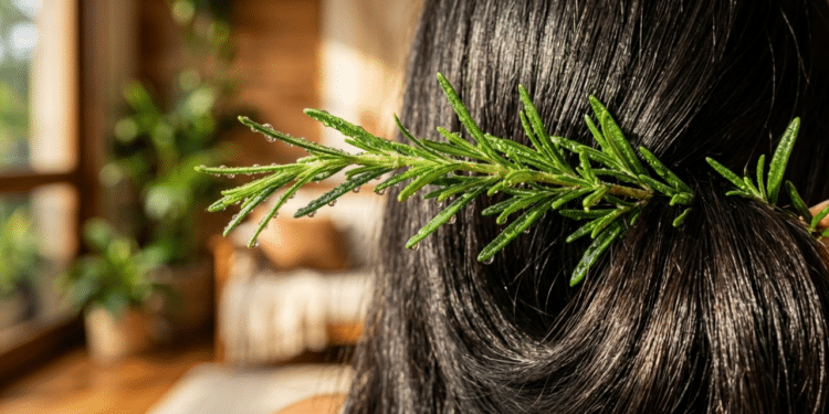 Ramo de alecrim fresco com gotas d'água sobre cabelos saudáveis e brilhantes