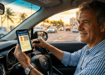 Motorista experiente segurando a CNH digital sob luz do pôr do sol