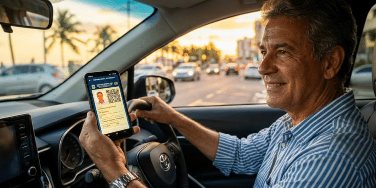 Motorista experiente segurando a CNH digital sob luz do pôr do sol