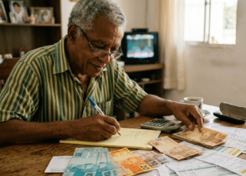 Homem calcula contas a pagar com notas de dinheiro em real e papelada sobre a mesa