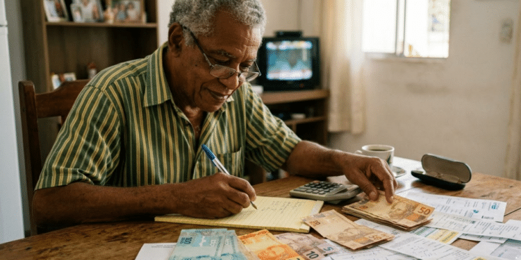 Homem calcula contas a pagar com notas de dinheiro em real e papelada sobre a mesa