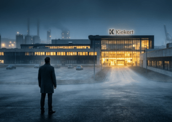 Fachada de fábrica alemã sob névoa ao amanhecer com silhueta de executivo