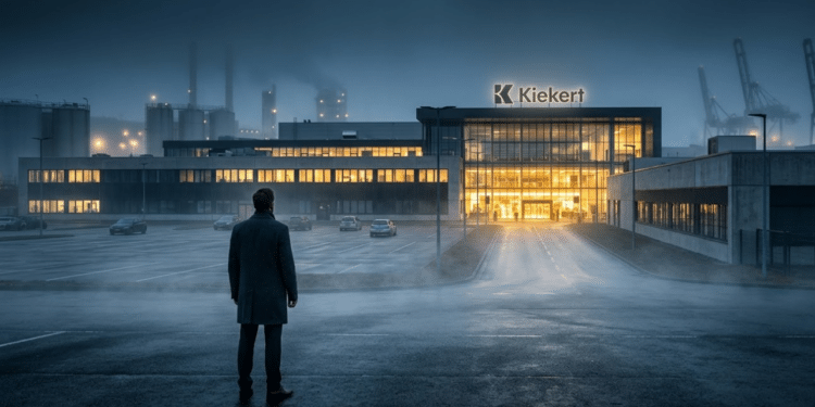 Fachada de fábrica alemã sob névoa ao amanhecer com silhueta de executivo