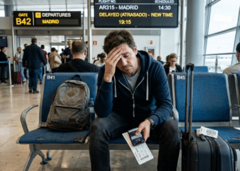 Homem sentado, visivelmente estressado devido ao atraso de seu voo no aeroporto.