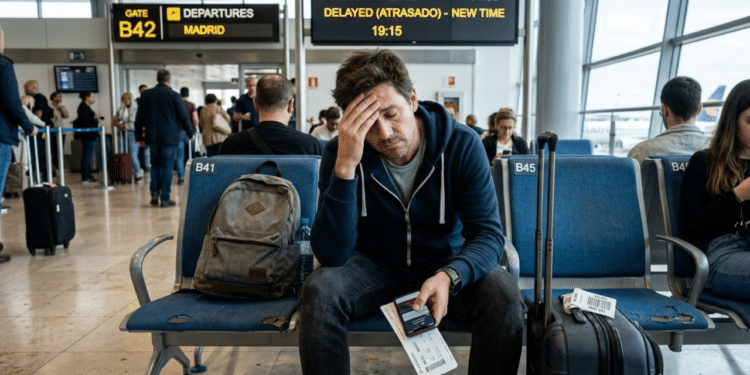 Homem sentado, visivelmente estressado devido ao atraso de seu voo no aeroporto.