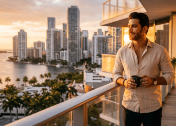 Homem observa o horizonte de Miami em uma varanda durante o pôr do sol