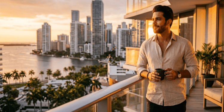 Homem observa o horizonte de Miami em uma varanda durante o pôr do sol