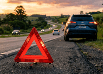 Triângulo de sinalização refletivo em destaque no acostamento ao pôr do sol
