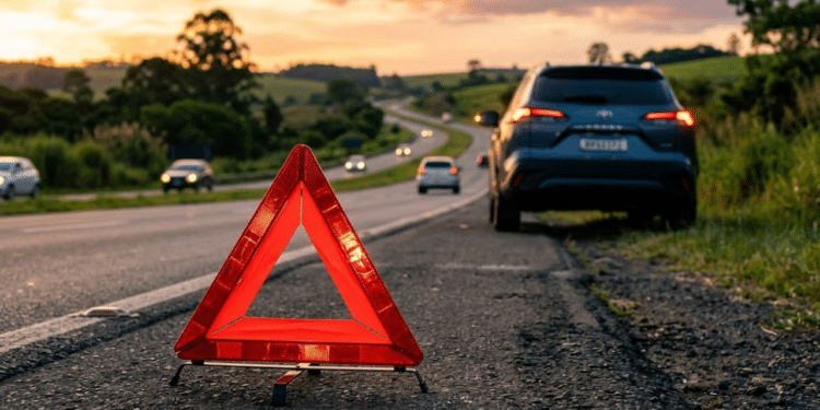 Triângulo de sinalização refletivo em destaque no acostamento ao pôr do sol