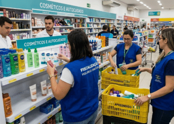 Agentes da Anvisa retirando géis e produtos de autocuidado das prateleiras