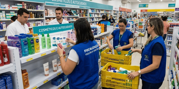 Agentes da Anvisa retirando géis e produtos de autocuidado das prateleiras
