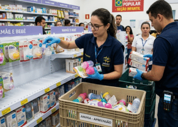 Agentes da Anvisa retirando chupetas, bicos e mamadeiras das prateleiras