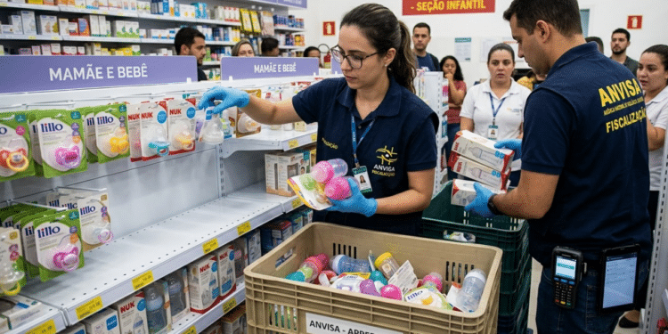 Agentes da Anvisa retirando chupetas, bicos e mamadeiras das prateleiras