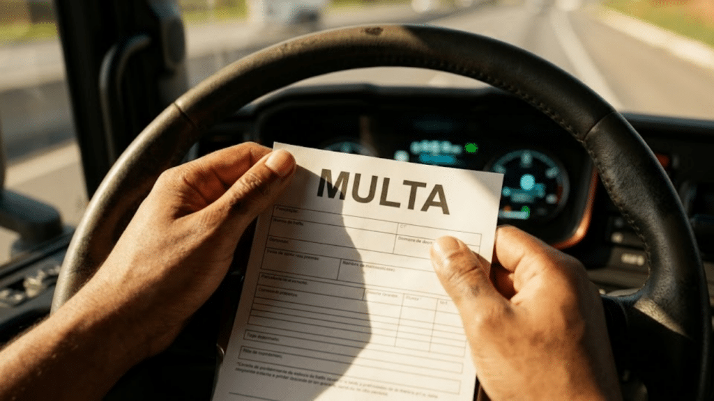 Motorista com mãos tensas no volante de caminhão segurando uma multa