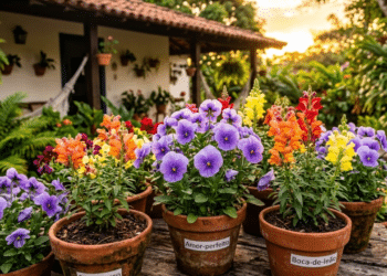 Flores coloridas em vasos de barro sob a luz do pôr do sol