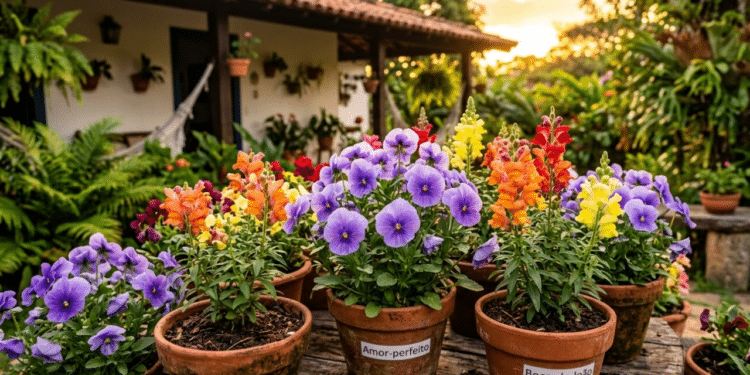 Flores coloridas em vasos de barro sob a luz do pôr do sol