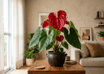Antúrio vermelho vibrante em destaque em uma sala de estar iluminada