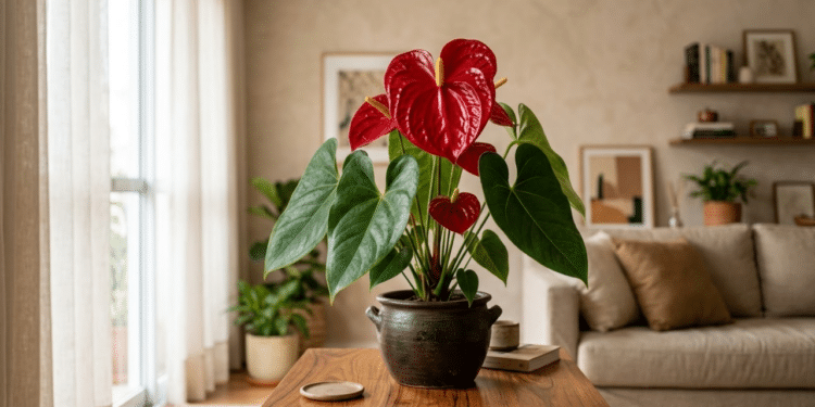 Antúrio vermelho vibrante em destaque em uma sala de estar iluminada
