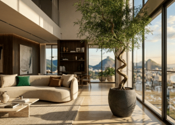 Bambu Mossô escultural em uma sala de luxo iluminada pelo sol