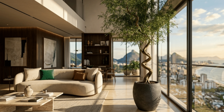 Bambu Mossô escultural em uma sala de luxo iluminada pelo sol