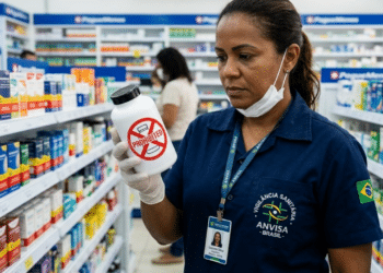 Inspetora de saúde analisando suplemento em uma farmácia brasileira - Imagem ilustrativa