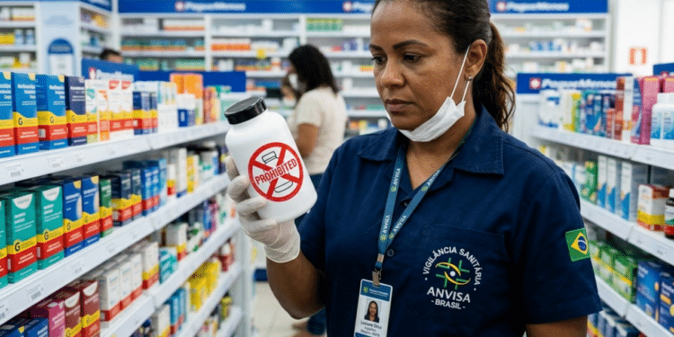 Inspetora de saúde analisando suplemento em uma farmácia brasileira - Imagem ilustrativa