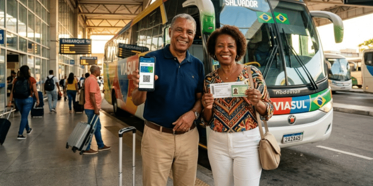 Casal de idosos sorridentes embarcando em viagem com seus documentos