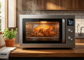 Micro-ondas multifuncional dourando um frango em cozinha moderna