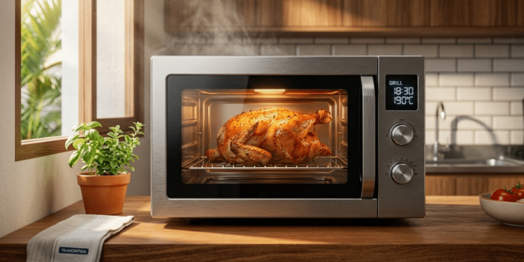 Micro-ondas multifuncional dourando um frango em cozinha moderna