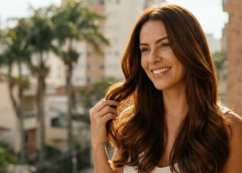 Cabelo castanho radiante e com brilho saudável sob o sol