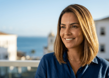 Mulher exibe Long Bob iluminado sob o sol