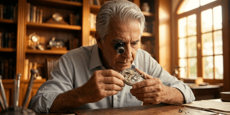 Homem de 60 anos demonstra foco profundo ao consertar relógio antigo