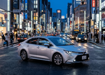 Toyota Corolla 2025 híbrido desfila pelas ruas modernas de Tóquio